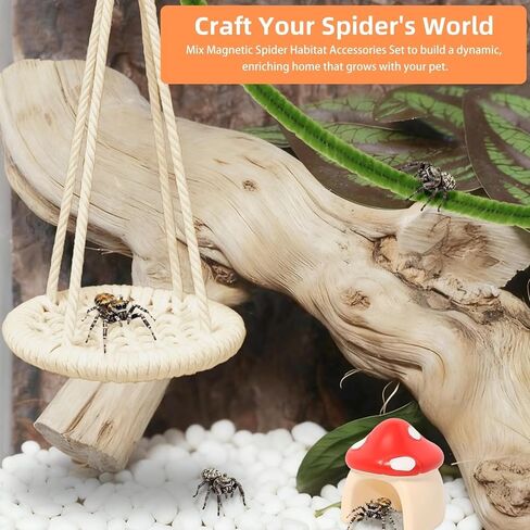 8 Pcs Jumping Spider Hide Enclosure Habitat, Spiders Hideout Climbing Rope Bridge Swings & Web, Mushroom Shelf, Jump Platform with Magnets for Pet Spider Habitat Accessories in Kuwait