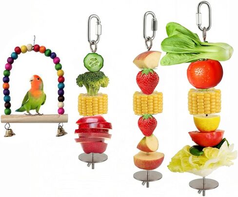 3 Pcs Parrot Fruit Vegetable Skewer, Bird Cage Food Holder with Hook, 1 Pcs Bird Perch Swings, Hanging Bird Cage Food Holder Stainless Steel, Easy CleanBird Treats Skewer, Stainless Steel Stick Feeder in Kuwait