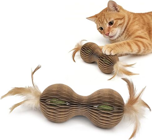 Catnip Ball Toys for Indoor Cats Dumbbell-Shaped Cardboard Toy with 2 Catnip Balls & Feather Ends for Interactive and Independent Play, Exercise & Stress Relief Cat Toys for Kitten All Breeds and Ages in Kuwait