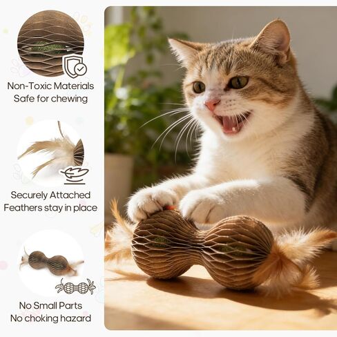 Catnip Ball Toys for Indoor Cats Dumbbell-Shaped Cardboard Toy with 2 Catnip Balls & Feather Ends for Interactive and Independent Play, Exercise & Stress Relief Cat Toys for Kitten All Breeds and Ages in Kuwait