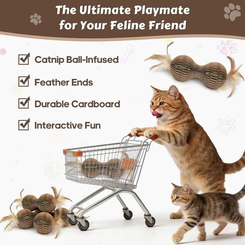 Catnip Ball Toys for Indoor Cats Dumbbell-Shaped Cardboard Toy with 2 Catnip Balls & Feather Ends for Interactive and Independent Play, Exercise & Stress Relief Cat Toys for Kitten All Breeds and Ages in Kuwait