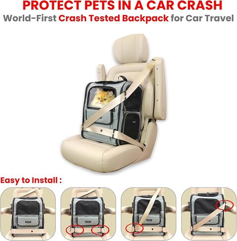 Crash-Tested Expandable Cat Backpack Carrier & Small Dog Car Seat | CPS Certified for Crash Protection & Safe Pet Travel | 4 Windows for Exploring, 4-Side Breathable, Zipper Locks, Foldable. in Kuwait