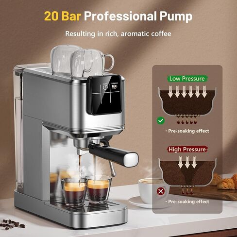 Espresso Machine 20 Bar with Touch Screen, Hot & Iced Coffee Makers, Stainless Steel Espresso Maker with Rapid Cold Brew & Milk Frother Steam Wand, with Water Tank for Latte, Cappuccino, Gift in Kuwait