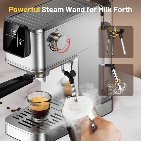 Espresso Machine 20 Bar with Touch Screen, Hot & Iced Coffee Makers, Stainless Steel Espresso Maker with Rapid Cold Brew & Milk Frother Steam Wand, with Water Tank for Latte, Cappuccino, Gift in Kuwait