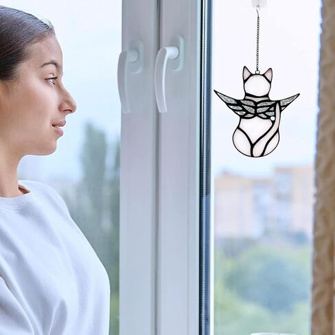 زينة تذكارية للقطط الملاك - ديكور معلق لنافذة أكريليك بأجنحة، هدية تعاطف لصائد الشمس لمحبي القطط، ذكرى فقدان الحيوانات الأليفة (اللون: أبيض) in Kuwait
