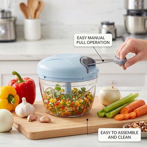 Manual Food Processor, Hand Pull Vegetable and Herb Chopper, Easy Use BPA Free Manual Cutter for Quick Prep for Ginger Fruits Garlic Nuts Onion, Blue in Kuwait