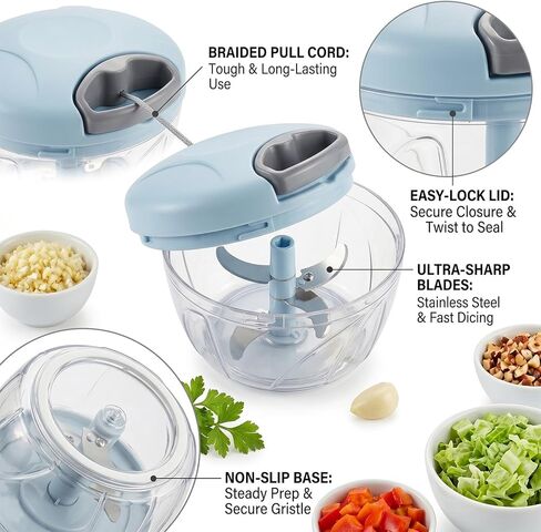 Manual Food Processor, Hand Pull Vegetable and Herb Chopper, Easy Use BPA Free Manual Cutter for Quick Prep for Ginger Fruits Garlic Nuts Onion, Blue in Kuwait