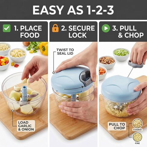 Manual Food Processor, Hand Pull Vegetable and Herb Chopper, Easy Use BPA Free Manual Cutter for Quick Prep for Ginger Fruits Garlic Nuts Onion, Blue in Kuwait