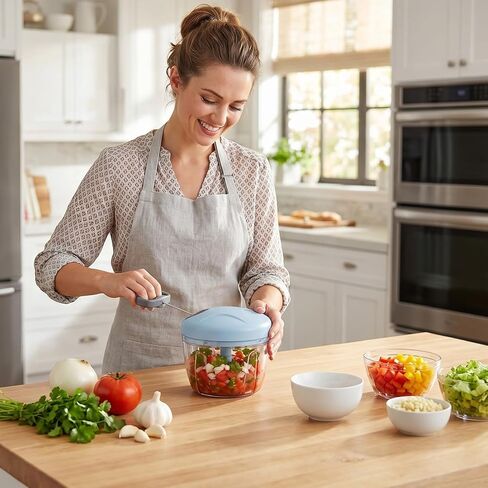 Manual Food Processor, Hand Pull Vegetable and Herb Chopper, Easy Use BPA Free Manual Cutter for Quick Prep for Ginger Fruits Garlic Nuts Onion, Blue in Kuwait
