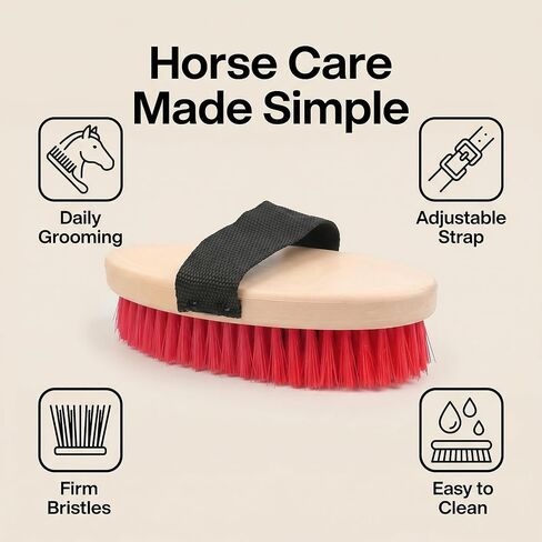Horse Brushes for Grooming, Handheld Oval Scrub Brush with Adjustable Strap, Red Bristles for Barn and Stable Cleaning, 1 Pack in Kuwait