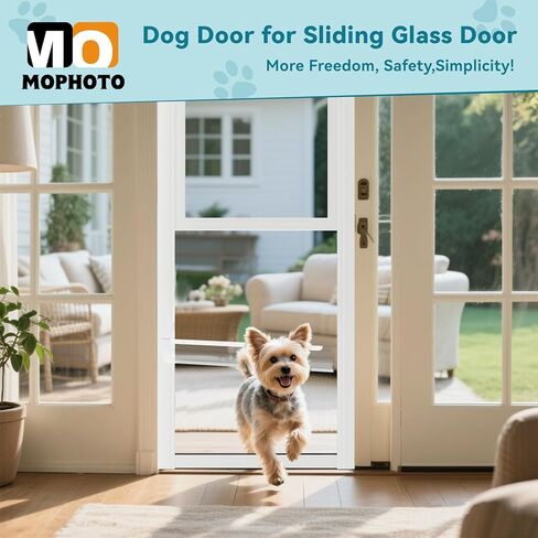 MOPHOTO Dog Door for Sliding Glass Door, Adjustable Height 74.8"-80" Glass Pet Door, No-Drill Insert Installation, Rental-Friendly Sliding Pet Door with Security Lock & Weather Stripping, White in Kuwait