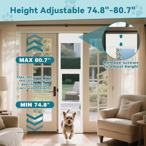 MOPHOTO Dog Door for Sliding Glass Door, Adjustable Height 74.8"-80" Glass Pet Door, No-Drill Insert Installation, Rental-Friendly Sliding Pet Door with Security Lock & Weather Stripping, White in Kuwait