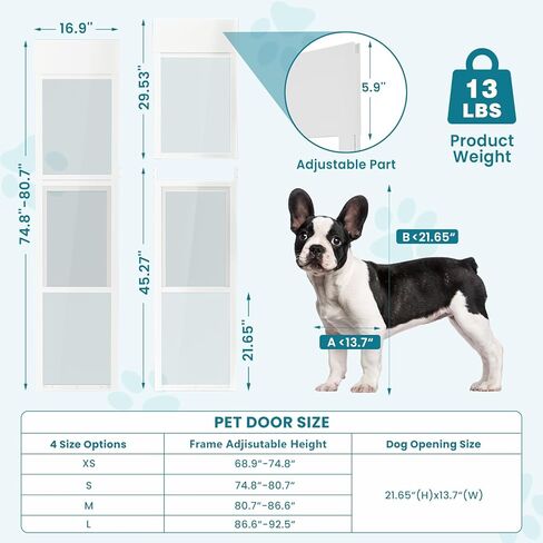 MOPHOTO Dog Door for Sliding Glass Door, Adjustable Height 74.8"-80" Glass Pet Door, No-Drill Insert Installation, Rental-Friendly Sliding Pet Door with Security Lock & Weather Stripping, White in Kuwait