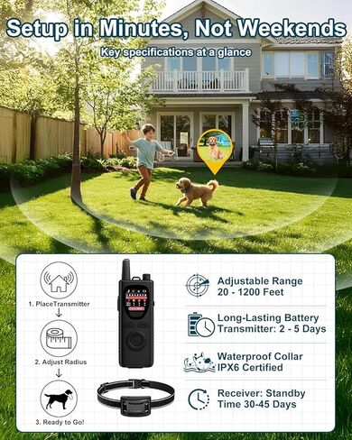 Wireless Dog Fence System - 2-in-1 Pet Containment & Training Collar with Accurate Boundary Control, IPX6 Waterproof and Rechargeable, for Large & Medium 1 Dogs Black in Kuwait