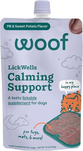 دعم WOOF LickWells المهدئ - انتشار حصيرة لعق الكلاب ومكمل مهدئ للكلاب - يعزز الاسترخاء للإجهاد الطبيعي - أزواج مع FlipMat وLickMat - 12 أونصة - PB ونكهة البطاطا الحلوة in Kuwait