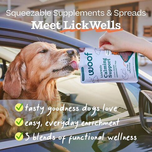دعم WOOF LickWells المهدئ - انتشار حصيرة لعق الكلاب ومكمل مهدئ للكلاب - يعزز الاسترخاء للإجهاد الطبيعي - أزواج مع FlipMat وLickMat - 12 أونصة - PB ونكهة البطاطا الحلوة in Kuwait