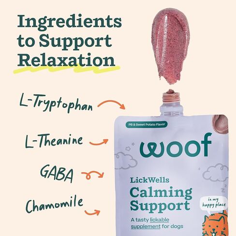 دعم WOOF LickWells المهدئ - انتشار حصيرة لعق الكلاب ومكمل مهدئ للكلاب - يعزز الاسترخاء للإجهاد الطبيعي - أزواج مع FlipMat وLickMat - 12 أونصة - PB ونكهة البطاطا الحلوة in Kuwait