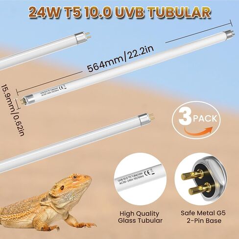 Lustaled T5 10.0 UVB مصباح الزواحف 24W، 22 بوصة T5 HO UVB ضوء للتنين الملتحي، 3 عبوات من الزواحف الصحراوية D3 UVA UVB شريط أنبوب مصباح للسحلية، الأفعى، أبو بريص، السلحفاة، الحرباء، Terrarium in Kuwait
