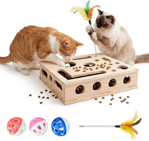 Cat Nail File Box, Solid Wood Cat Scratch Puzzle Enrichment Toy with Built-in Grooming Paper, Interactive Hideaway for Indoor Cats with 3 Bell Balls and Feather Cat Toy (Color: Natural Wood) in Kuwait
