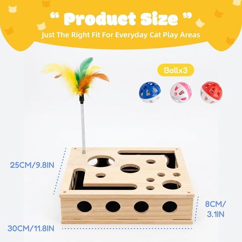 Cat Nail File Box, Solid Wood Cat Scratch Puzzle Enrichment Toy with Built-in Grooming Paper, Interactive Hideaway for Indoor Cats with 3 Bell Balls and Feather Cat Toy (Color: Natural Wood) in Kuwait