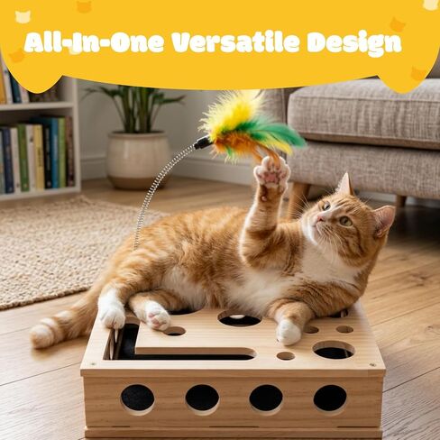 Cat Nail File Box, Solid Wood Cat Scratch Puzzle Enrichment Toy with Built-in Grooming Paper, Interactive Hideaway for Indoor Cats with 3 Bell Balls and Feather Cat Toy (Color: Natural Wood) in Kuwait