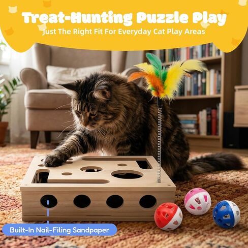 Cat Nail File Box, Solid Wood Cat Scratch Puzzle Enrichment Toy with Built-in Grooming Paper, Interactive Hideaway for Indoor Cats with 3 Bell Balls and Feather Cat Toy (Color: Natural Wood) in Kuwait