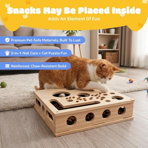 Cat Nail File Box, Solid Wood Cat Scratch Puzzle Enrichment Toy with Built-in Grooming Paper, Interactive Hideaway for Indoor Cats with 3 Bell Balls and Feather Cat Toy (Color: Natural Wood) in Kuwait