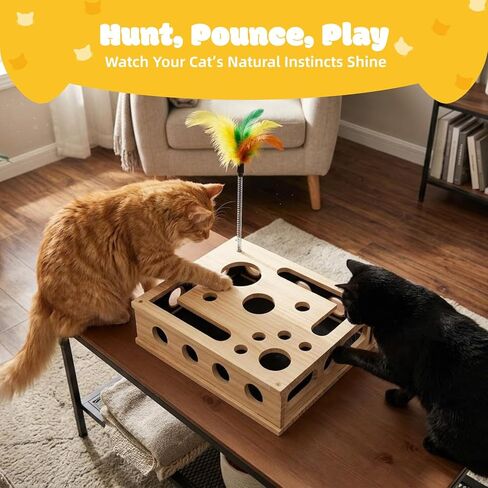 Cat Nail File Box, Solid Wood Cat Scratch Puzzle Enrichment Toy with Built-in Grooming Paper, Interactive Hideaway for Indoor Cats with 3 Bell Balls and Feather Cat Toy (Color: Natural Wood) in Kuwait