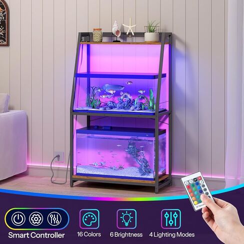 HOOBRO 20-29 Gallon Fish Tank Stand with Power Outlets and LED Light, Heavy Duty Aquarium Stand, Metal Frame Reptile Turtle Tank Stand, 33.1'' L x 15.7'' W, 300 LBS Capacity, Rustic Brown BF41UDFT01 in Kuwait