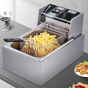 مقلاة عميقة تجارية مع سلال، 1700 وات 9.7QT/6L مقلاة زيت كهربائية ترادو مصنوعة من الفولاذ المقاوم للصدأ السميك، سعة كبيرة مع التحكم في درجة الحرارة (6 لتر) in Kuwait