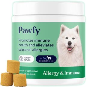 مضغ Pawfy لحساسية الكلاب للسلالات الكبيرة مع حكة في الجلد ولعق مخالب | دعم الحساسية والمناعة للكلاب بالبروبيوتيك وزيت السلمون والكركم وفيتامين ب12 | 30 قطعة مضغ بنكهة الديك الرومي in Kuwait