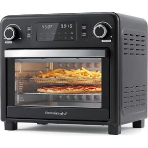 فرن محمصة مقلاة هوائية من Elite Gourmet EAF9320 سعة 23 لتر، فرن كونترتوب حراري رقمي 10 في 1، سرعات مروحة مزدوجة، قلي بالهواء، خبز، شواء، خبز محمص، تجفيف، 1600 وات مع رف قلي هوائي، رف ومقلاة خبز، أسود in Kuwait