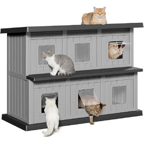 Weatherproof Outdoor Feral Cat House,2 Storey Insulated Cat Shelter Outdoor with Escape Doors, Sturdy Resin Outside Cat House for Garden in Kuwait