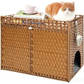 Homegroove Cat Litter Box Enclosure Furniture, Extra Large Hidden Litter Box with Soft Mat and Fence, Comfortable Handwoven Rattan Cat House with S-Shaped Hooks for Living Room, Bedroom (Camel) in Saudi Arabia