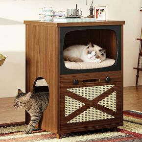 IRONCK TV Shaped Hidden Cat Litter Box Enclosure, Vintage 2-Tier Cat Litter Box Furniture with Scratching Board, Wooden Side Table for Living Room, Space Saving Vertical Design, Walnut in Kuwait