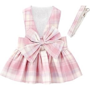 1 Pcs Pink Plaid Dog Dress Set, Cute Bow Tie Puppy Outfits with Bownot, Harness Leash Set for Small Girl Dogs Cats Birthday Holiday Outdoor Walking S in Kuwait