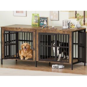 78" Double Dog Crate Furniture for 2 Dogs, Heavy Duty Wooden Dog Cage with Divider for Medium/Large Dogs, Indoor Dog Kennel Furniture as TV Stand, Decorative Crate with 4 Doors, Brown in Kuwait