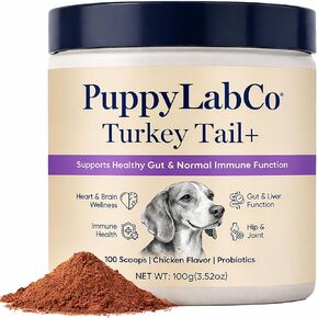 Puppy Lab Co ذيل الديك الرومي، فطر ذيل الديك الرومي من PuppyLabCo للكلاب، فطر ذيل الديك الرومي + مكمل مسحوق البروبيوتيك، نكهة الدجاج، دعم الأمعاء والمناعة، 100 جرام (1) in Kuwait