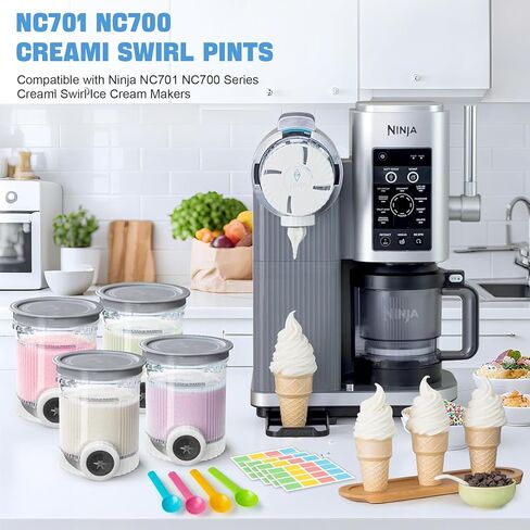 4 عبوات من مكاييل وأغطية GuanQiao Creami Swirl للنينجا، متوافقة مع سلسلة NC700 Ninja Swirl Ice Cream وصانعات الخدمة الناعمة، مع 4 ملاعق و64 ملصقًا قابلاً للكتابة، خالية من مادة BPA وآمنة للاستخدام في غسالة الأطباق، أغطية رمادية in Kuwait