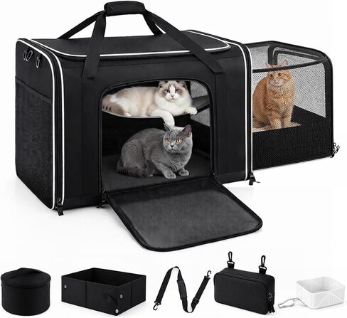 Extra Large Cat Carrier with Built-in Litter Box for Car Travel & Road Trips, Expands to 36"x17"x17", Soft-sided Foldable Travel Crate for 1-2 Large Cats, Multi-entry, Ventilated Mesh, Seat Belt Ready in Kuwait