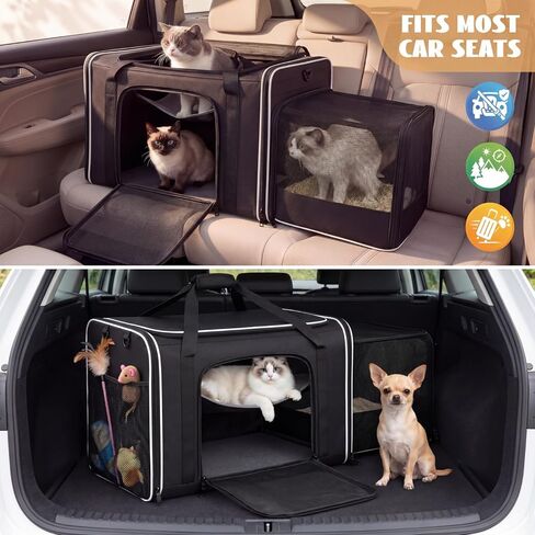 Extra Large Cat Carrier with Built-in Litter Box for Car Travel & Road Trips, Expands to 36"x17"x17", Soft-sided Foldable Travel Crate for 1-2 Large Cats, Multi-entry, Ventilated Mesh, Seat Belt Ready in Kuwait