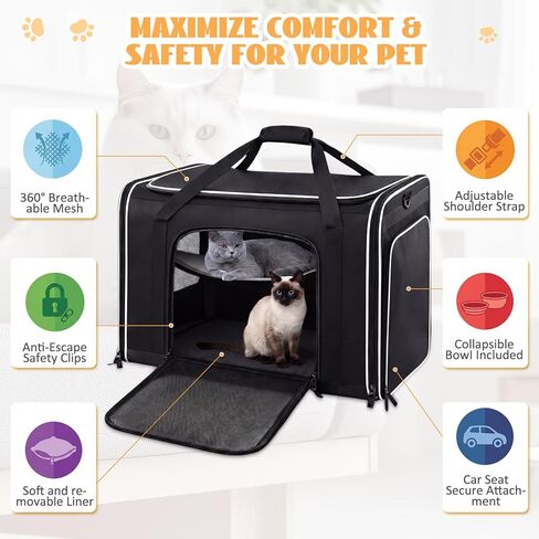 Extra Large Cat Carrier with Built-in Litter Box for Car Travel & Road Trips, Expands to 36"x17"x17", Soft-sided Foldable Travel Crate for 1-2 Large Cats, Multi-entry, Ventilated Mesh, Seat Belt Ready in Kuwait