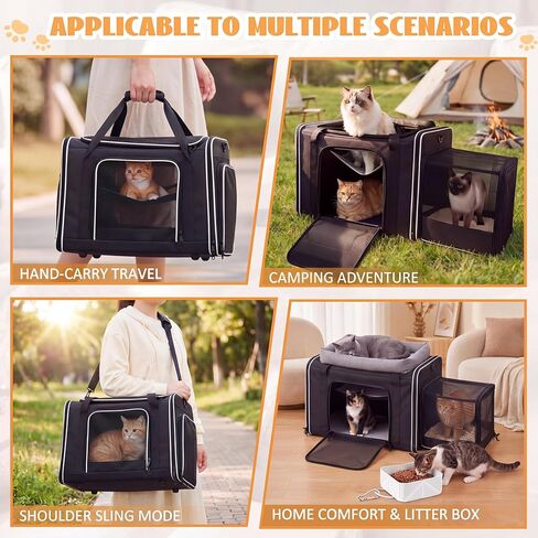 Extra Large Cat Carrier with Built-in Litter Box for Car Travel & Road Trips, Expands to 36"x17"x17", Soft-sided Foldable Travel Crate for 1-2 Large Cats, Multi-entry, Ventilated Mesh, Seat Belt Ready in Kuwait