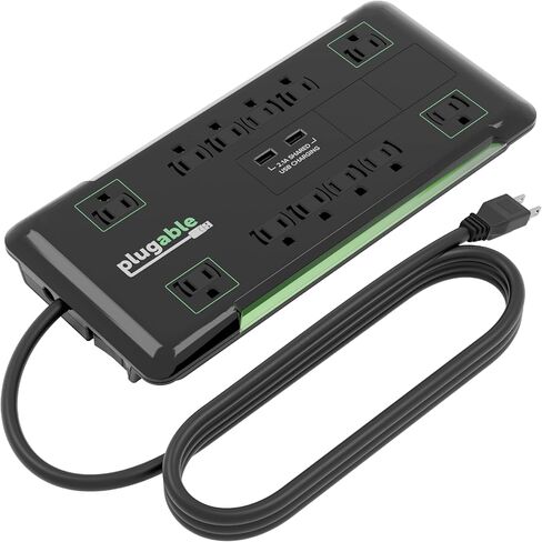 Plugable Surge Protector Power Strip with USB and 12 AC Outlets, Built-in 10.5W 2-Port USB Charger for Android, Apple iOS, and Windows Mobile Devices, 6 Foot Extension Cord in Saudi Arabia