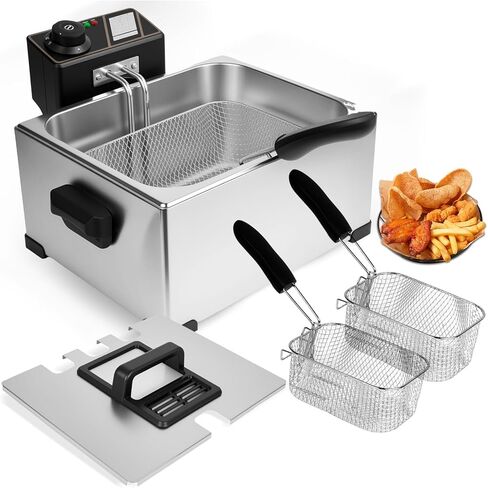 4.23QT Electric Deep Fryer with Basket and Lid, 4L Stainless Steel Countertop Fryer, 2000W Home Deep Fryer with Adjustable Temperature Control 140°F-392°F, Single Tank Fryer for Family Cooking in Kuwait