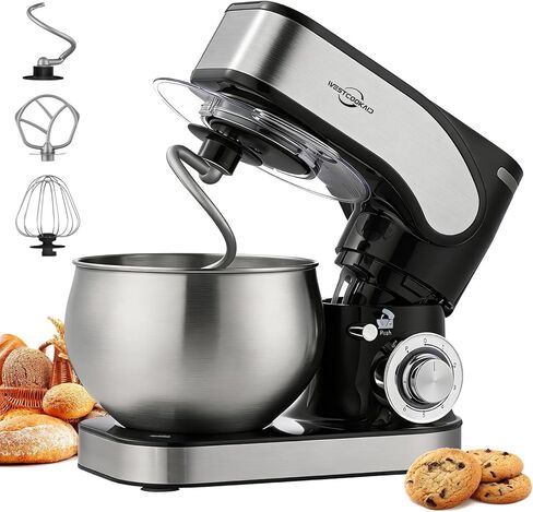 خلاط قائم، خلاط مطبخ برأس مائل 5.3QT، خلاط طعام منزلي بسرعة 6+P، خلاط عجين خفيف الوزن مع مخفقة كريمة البيض، خطاف عجين الخبز، مضرب مسطح، واقي من الرذاذ، خبز كعكة البيتزا والسكر، أسود in Kuwait