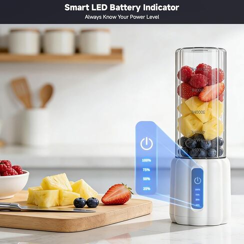 خلاط محمول، خلاط شخصي للعصائر والمخفوقات، خلاط عصير صغير مع شاشة LED، صانع مخفوق USB C قابل لإعادة الشحن مع 6 شفرات للمطبخ، في الهواء الطلق، صالة الألعاب الرياضية، 17 أونصة، أبيض in Kuwait