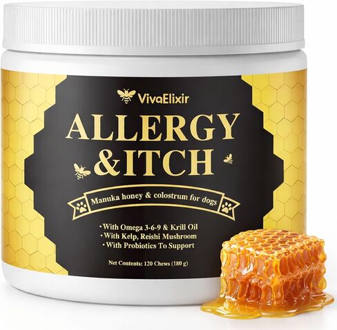 Manuka Honey for Dogs - Allergy Relief & Anti Itch Skin - Comfort and Coat Health - Manuka Honey, Krill Oil, Colostrum, Quercetin, Probiotics, Kelp Powder - 120 Soft Chews in Kuwait
