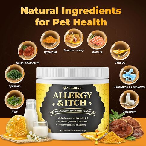 Manuka Honey for Dogs - Allergy Relief & Anti Itch Skin - Comfort and Coat Health - Manuka Honey, Krill Oil, Colostrum, Quercetin, Probiotics, Kelp Powder - 120 Soft Chews in Kuwait