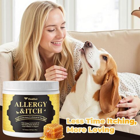 Manuka Honey for Dogs - Allergy Relief & Anti Itch Skin - Comfort and Coat Health - Manuka Honey, Krill Oil, Colostrum, Quercetin, Probiotics, Kelp Powder - 120 Soft Chews in Kuwait